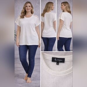 Lily Morgan Cream Short Sleeve Crochet Accent Top
